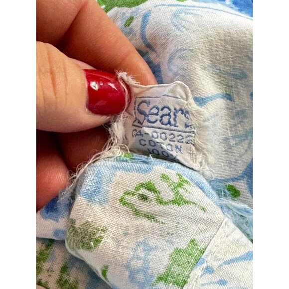 Vintage 70s single pillowcase, blue white green flower power, Sears Canada - Picture 5 of 9